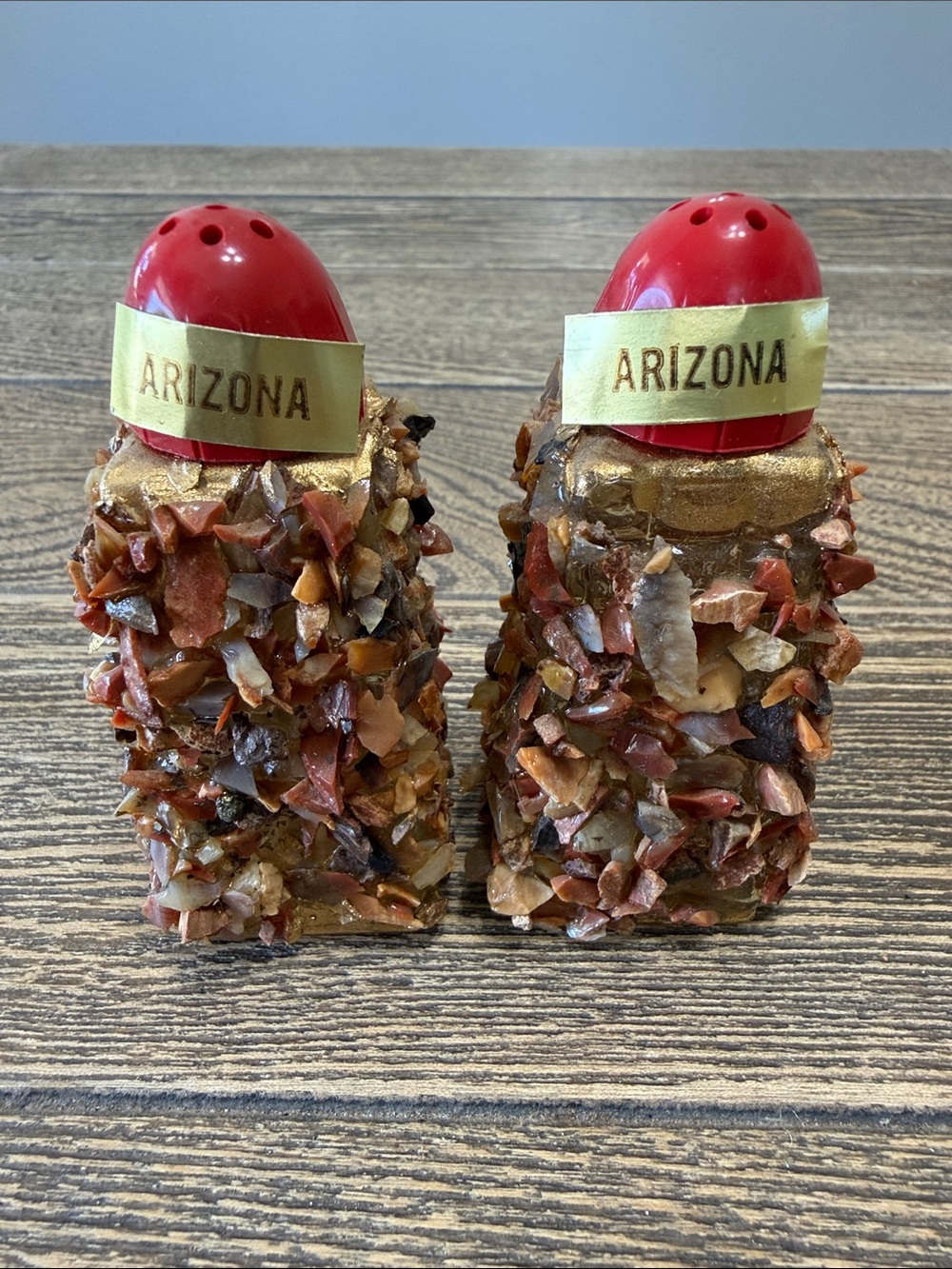 VTG Arizona Rock & Glass Red & Earth-Tone petrified wood Salt and Pepper Set